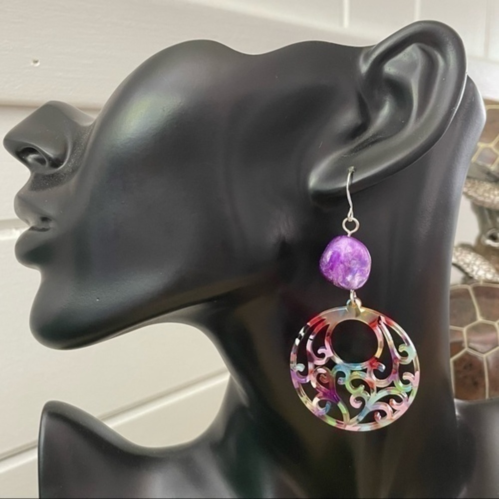 2/$29 Handmade Rainbow Acrylic Hoop & Purple Shell Earrings 3β Y2K 90s 80s - Picture 5 of 5